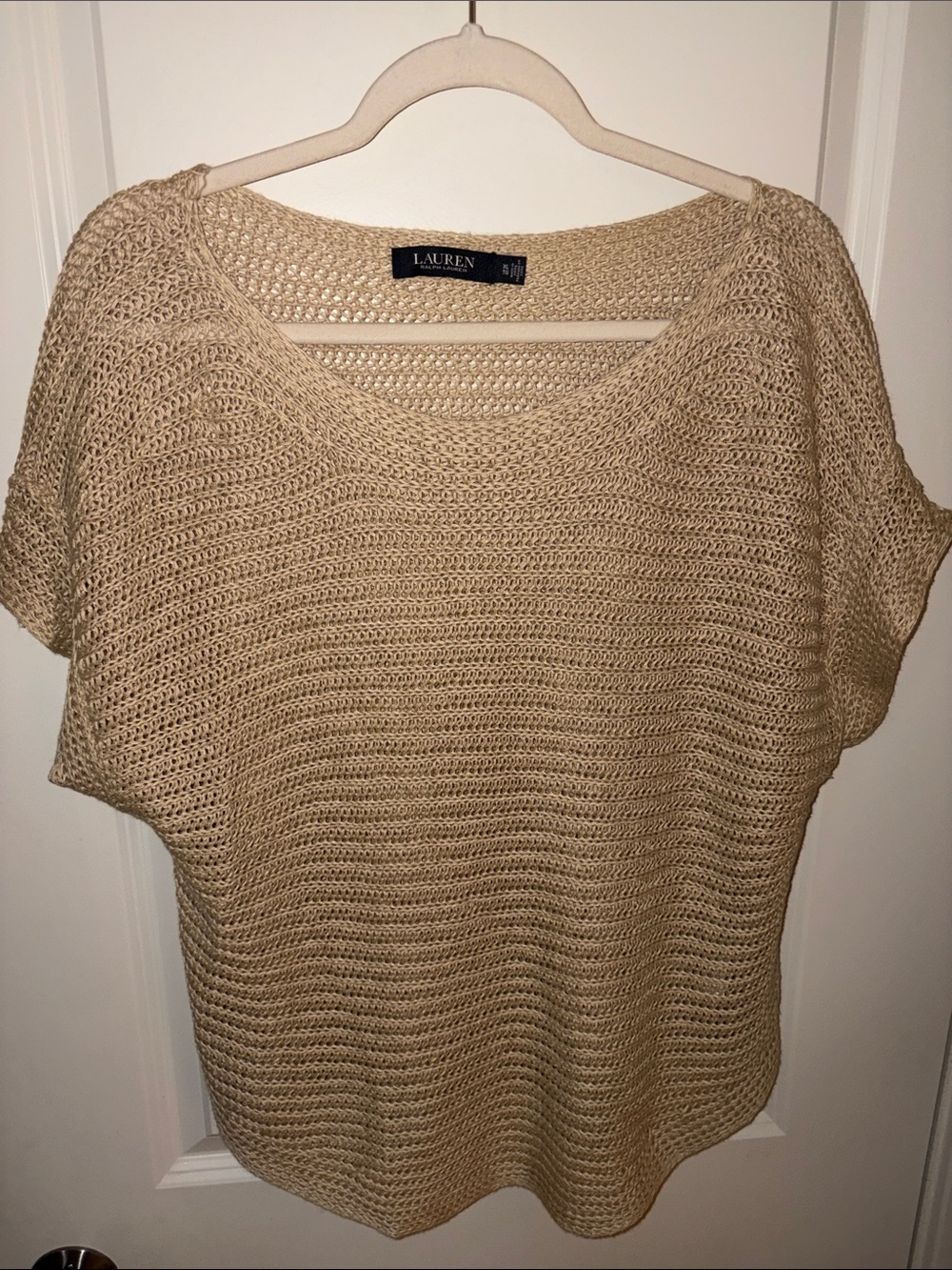 Lauren Ralph Lauren Beige Open-Knit Scoop Neck Short Sleeve Sweater
